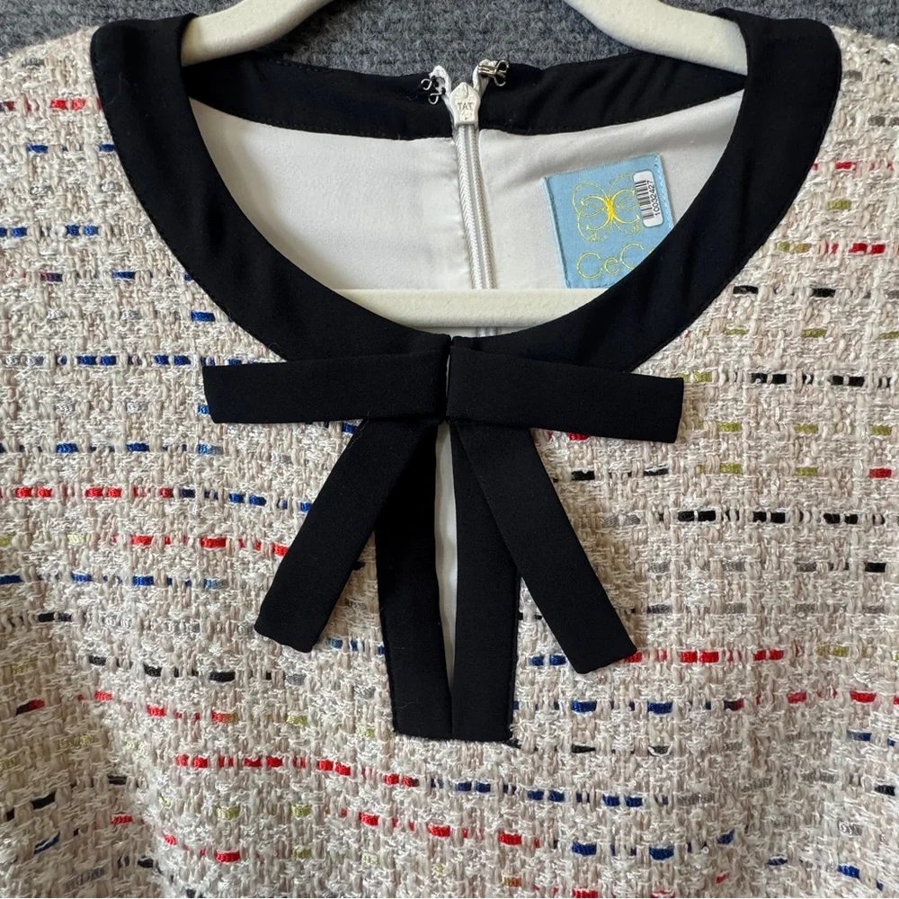 CeCe Tweed Bow Neck Fit Flare A-Line Dress 6 Coquette Preppy - Picture 3 of 16